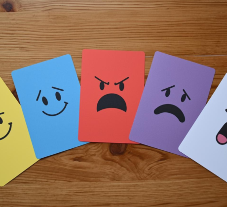 Man sieht 5 Karten in unterschiedlichen Farben, die jeweils für eine andere Emotion stehen. Von links nach rechts: Freude, Mitgefühl, Wut, Angst und Überraschung