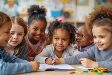 Kinder unterschiedlicher Herkunft sitzen an einem Tisch und lachen