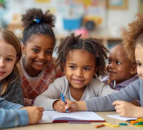 Kinder unterschiedlicher Herkunft sitzen an einem Tisch und lachen