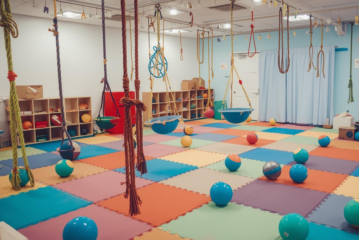 Das Bild zeigt einen Raum mit Matten, Bällen, Seilen und Schaukeln, die Kleinkinder zur Bewegung anregen sollen.
