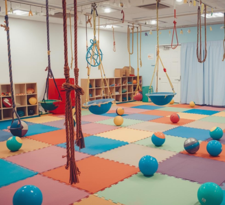 Das Bild zeigt einen Raum mit Matten, Bällen, Seilen und Schaukeln, die Kleinkinder zur Bewegung anregen sollen.