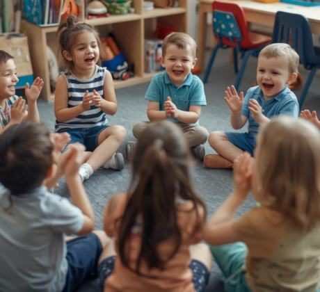 Kinder sitzen im Morgenkreis und klatschen lachend in die Hände