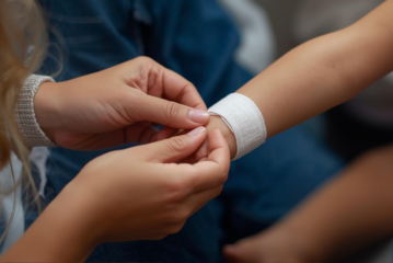 Eine Erzieherin verbindet den Arm eines Kindes