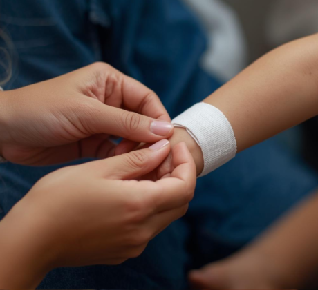 Eine Erzieherin verbindet den Arm eines Kindes