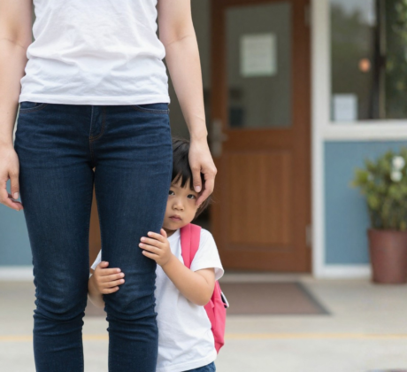 Mädchen versteckt sich hinter den Beinen ihrer Mutter. Sie sieht schüchtern aus und trägt einen Rucksack. Sie stehen vor dem Eingang der KiTa