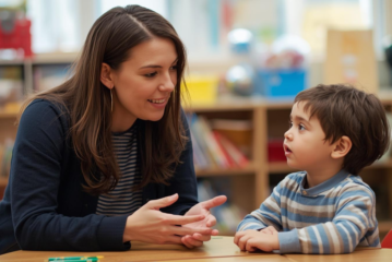 Eine Erzieherin spricht mit einem Kind am Tisch