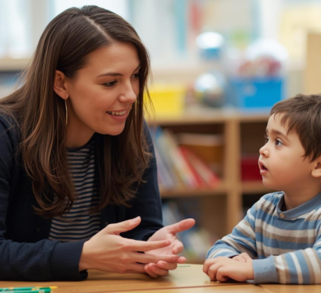 Eine Erzieherin spricht mit einem Kind am Tisch