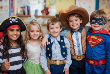 Man sieht 5 Kinder in unterschiedlichen Kostümen an Karneval. Von links nach rechts sind die verkleidet als: Pirat, Fee, Cowboys und Superman