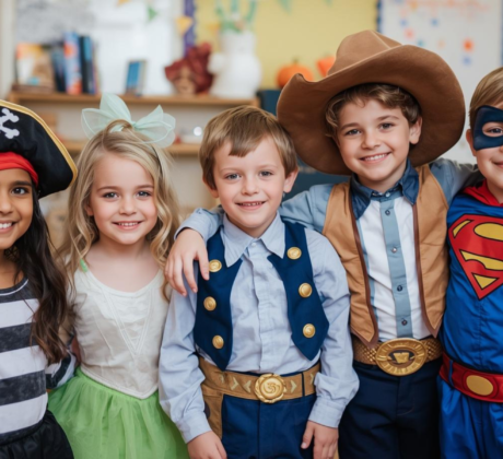 Man sieht 5 Kinder in unterschiedlichen Kostümen an Karneval. Von links nach rechts sind die verkleidet als: Pirat, Fee, Cowboys und Superman