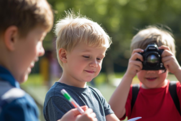Man sieht 3 Jungs, die draußen Fotos machen und etwas aufschreiben. Sie beobachten das Wetter.