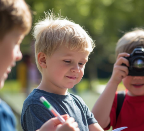 Man sieht 3 Jungs, die draußen Fotos machen und etwas aufschreiben. Sie beobachten das Wetter.