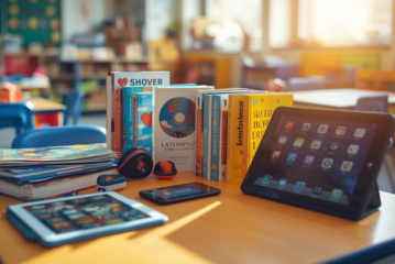 Man sieht Bücher. CDs, Handys und Tablets auf einem Tisch in einer Kita.
