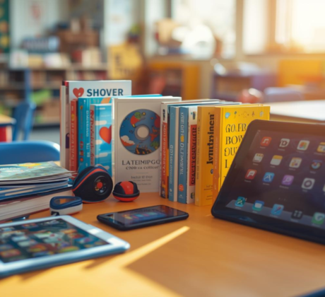 Man sieht Bücher. CDs, Handys und Tablets auf einem Tisch in einer Kita.