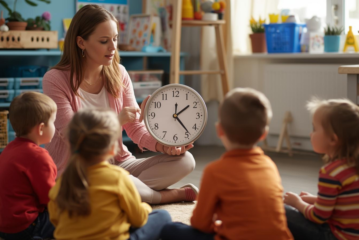 Eine Erzieherin erklärt einer Kita-Gruppe im Morgenkreis die Zeit