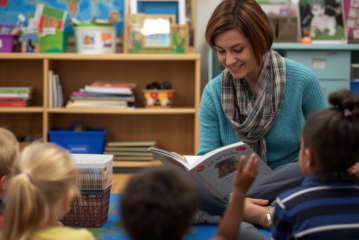 Eine Erzieherin liest ihrer Kita Gruppe etwas vor