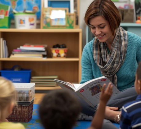 Eine Erzieherin liest ihrer Kita Gruppe etwas vor