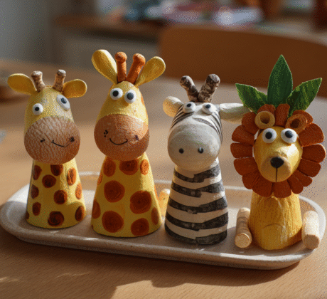 vier Tiere, gebastelt aus Papier im Kindergarten