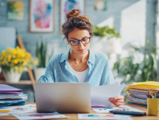konzentrierte rau, die vor dem Laptop durch Dokumente wühlt und eine Brille trägt