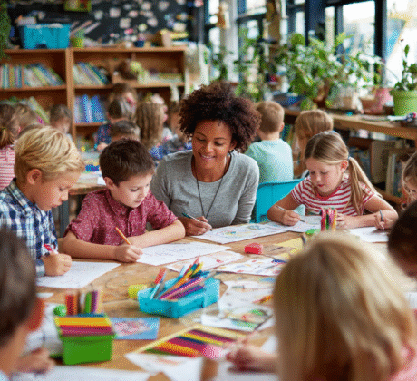Erzieherin sitzt mit mehreren Kindergartenkinder an einem Tisch und schaut Ihnen beim Malen zu