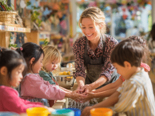 Erzieherin wäscht spielerisch mit den Kindergartenkindern die Hände