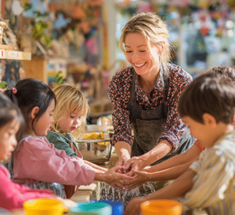 Erzieherin wäscht spielerisch mit den Kindergartenkindern die Hände