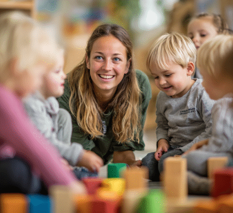Erzieherin spielt mit Kindergartenkinder