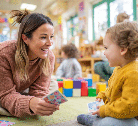 Erzieherin kümmert sich um ein kleines Kindergartenkind