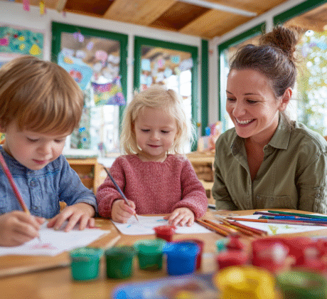 Erzieherin schaut Kindergartenkindern beim Malen zu