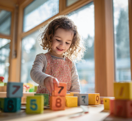 Kindergartenkind spielt mit Zahlen Bausteine