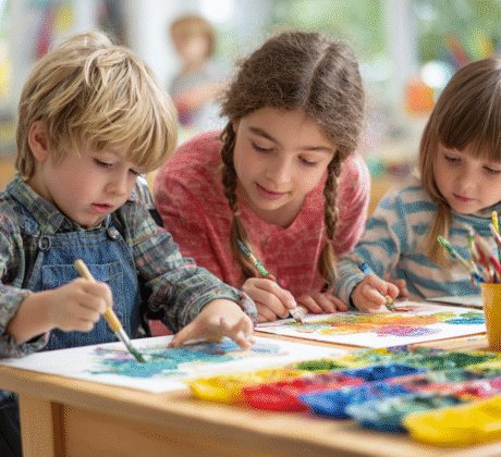 Drei Kindergartenkinder, einer davon im Rollstuhl sitzen gemeinsam am Maltisch und malen