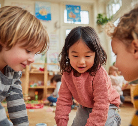 Drei Kinder im Kindergarten die miteinander spielen