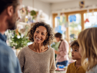 Erzieherin unterhält sich mit Eltern eines Kindergartenkindes