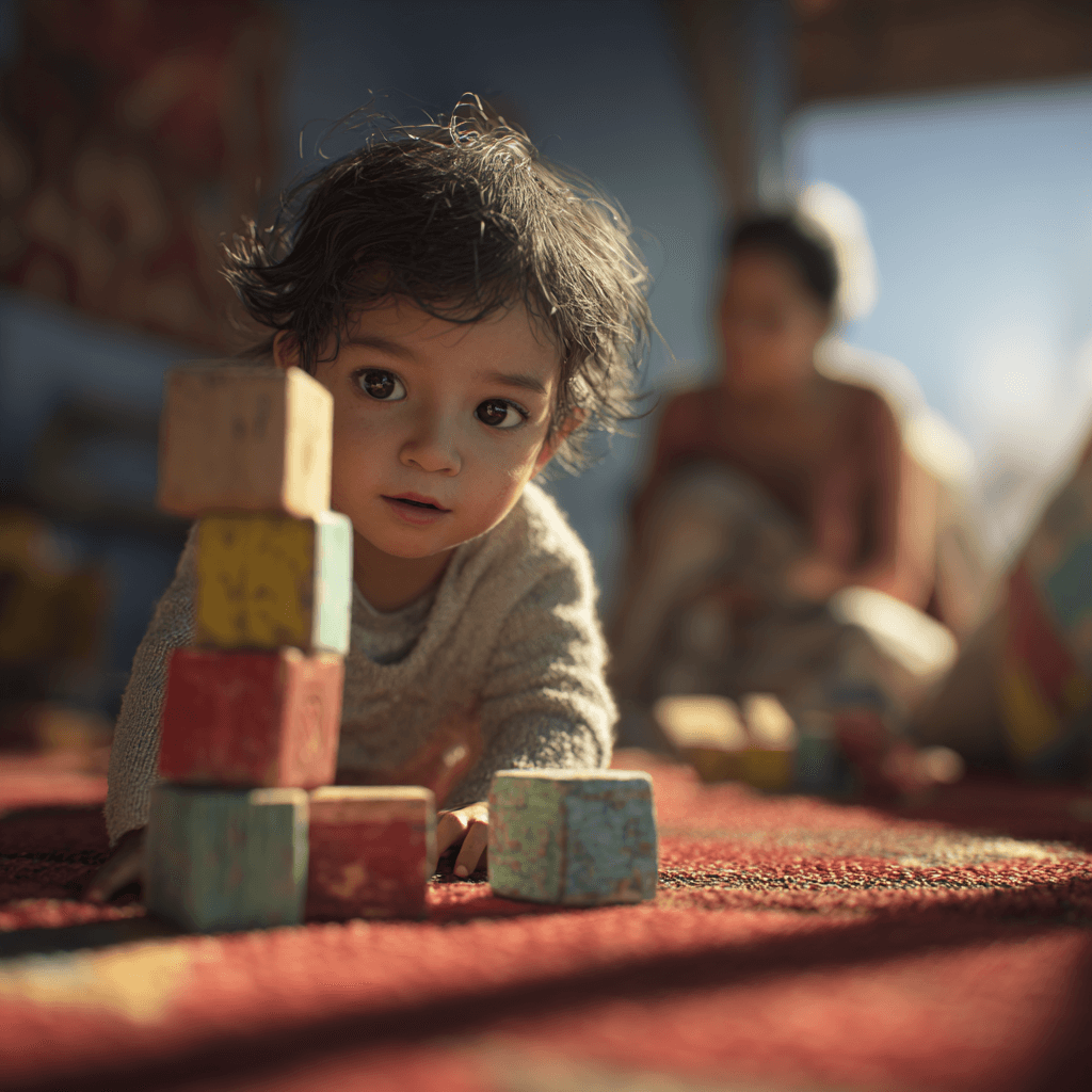 Kind (etwa 2 Jahre) baut einen Turm aus mehreren unten Holzklötzen. Es ist auf einem roten Teppich. Im Hintergrund ist die Erzieherin zu erkennen.