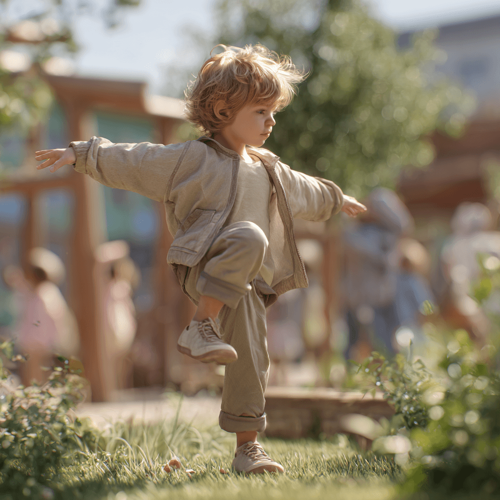 Kind, etwa 4-5 Jahre, balanciert auf einem Bein und streckt die Arme zur Seite. Er befindet sich in einem frühlingshaften Außenbereich einer Kita.