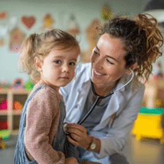 Junge Kinderärztin untersucht Mädchen (3-4 Jahre alt) und sieht ihr in die Augen.