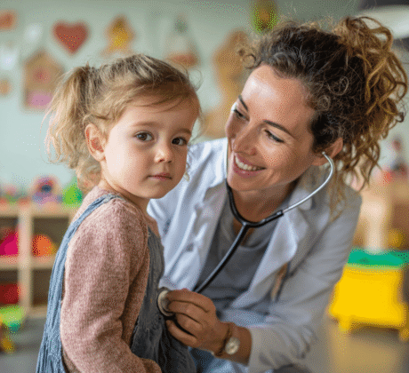 Junge Kinderärztin untersucht Mädchen (3-4 Jahre alt) und sieht ihr in die Augen.