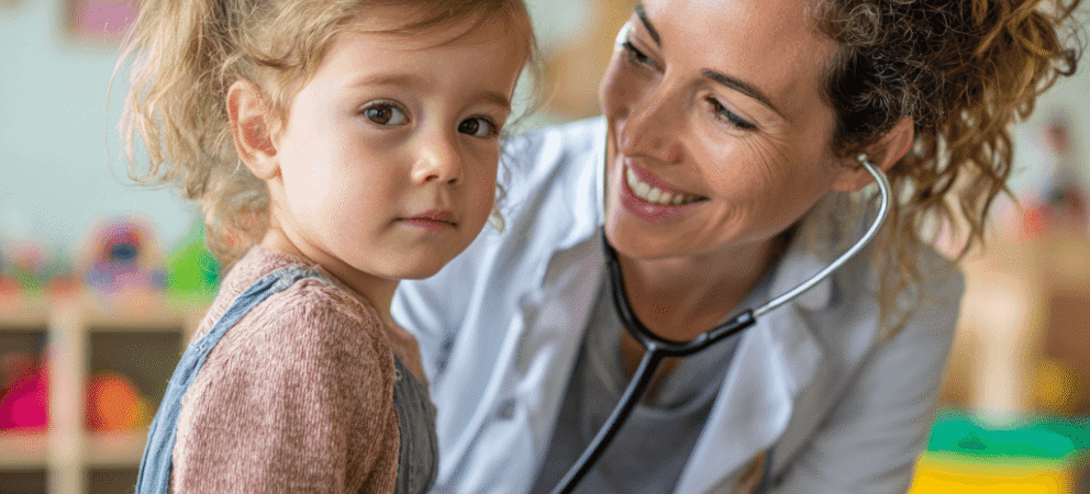 Junge Kinderärztin untersucht Mädchen (3-4 Jahre alt) und sieht ihr in die Augen.