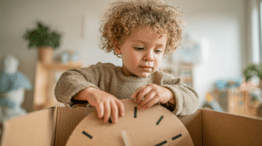 Kind mit Locken holt Papp-Uhr aus einem Karton