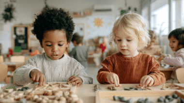 kinder, etwa 2 jahre in freiarbeit mit verschiedenen formen am tisch, Symbol für bildungsarbeit trotz personalmangel