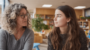 Gespraech zwischen leitung und praktikantin in der kita