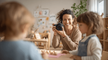 Frau mit nach hinten zusammengesteckten Locken lacht Kinder freundlich an und macht ein Foto von ihnen.