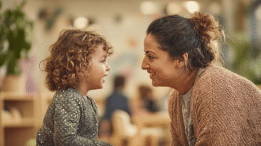 gespraech erzieherin und kind auf augenhoehe smybol fuer beduerfnisorientierte erziehung