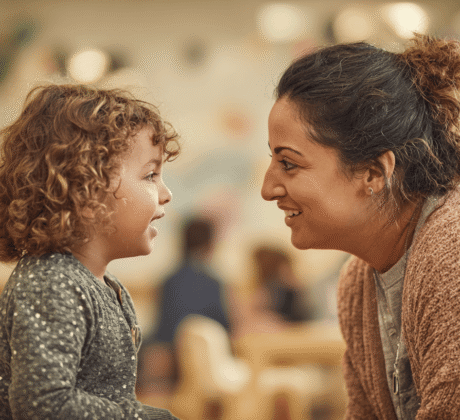 gespraech erzieherin und kind auf augenhoehe smybol fuer beduerfnisorientierte erziehung