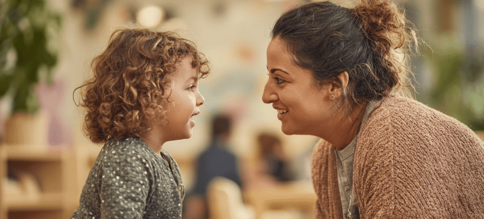 gespraech erzieherin und kind auf augenhoehe smybol fuer beduerfnisorientierte erziehung