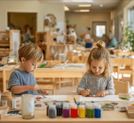 zwei kinder in kita-atelier mit bastelmaterialien