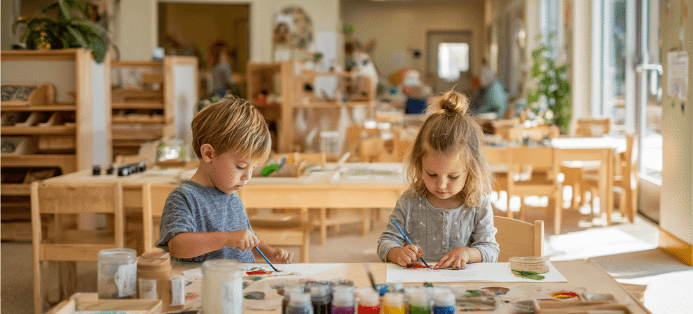 zwei kinder in kita-atelier mit bastelmaterialien