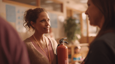 Frau mit Feuerlöscher in der Hand, Symbol für Brandschutzbeauftrage in der Kita