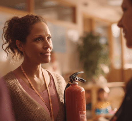 Frau mit Feuerlöscher in der Hand, Symbol für Brandschutzbeauftrage in der Kita