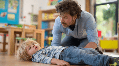 Kind liegt auf dem Boden in der Kita. Neben ihm kniet ein Erzieher. Symbol für Ersthelfer in der Kita