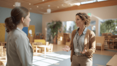 Fachkraft für Arbeitssicherheit im Gespräch mit Kita-Mitarbeiterin
